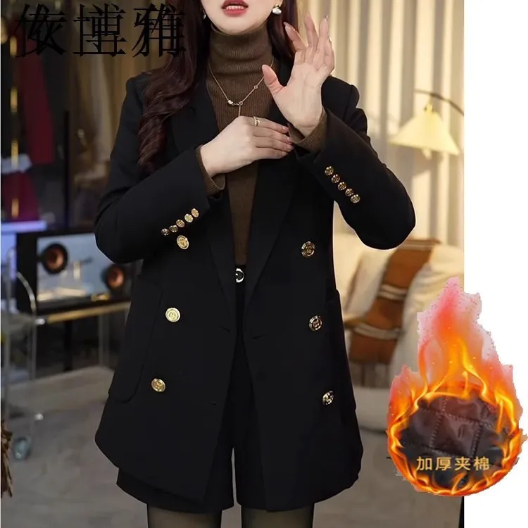 设计师款双排扣黑色加厚西装外套女秋冬宽松洋气显瘦西服气质休闲