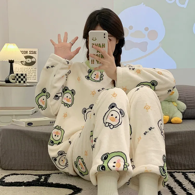 可爱卡通学生新款网红ins风法兰绒睡衣女秋冬季甜美家居服可外穿