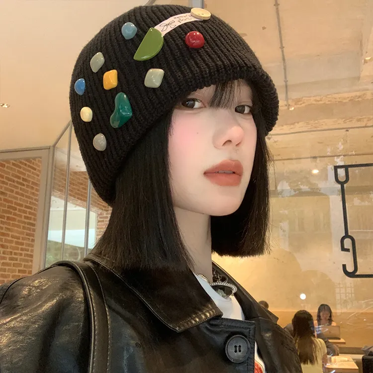 韩系ins大头围纽扣黑色毛线帽女秋冬季百搭护耳保暖显脸小冷帽