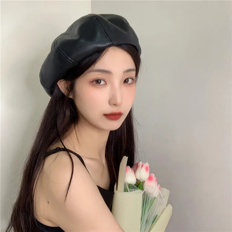 深得痞女心~pu皮质纯色拽酷街拍网红同款贝雷帽女复古气质南瓜帽