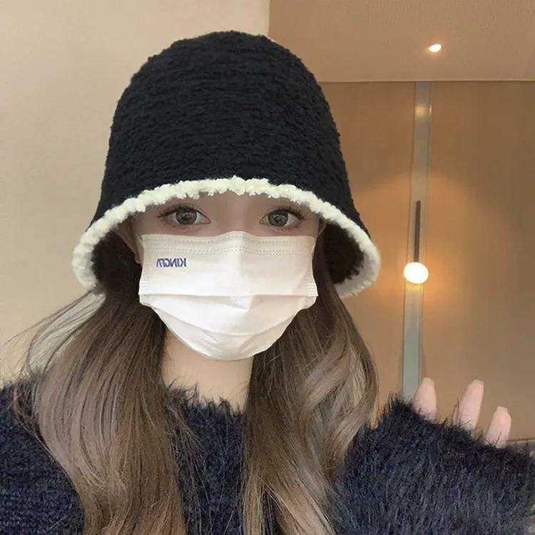 黑色毛绒渔夫帽女2023新款秋冬小香风显脸小素颜针织水桶月子帽子