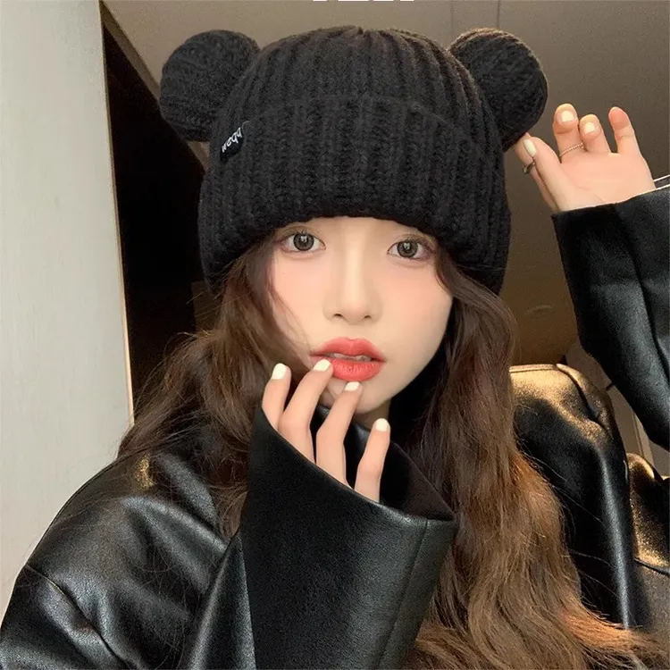 甜美可爱女秋冬小熊耳朵帽子毛线帽保暖百搭显脸小护耳冬季针织帽