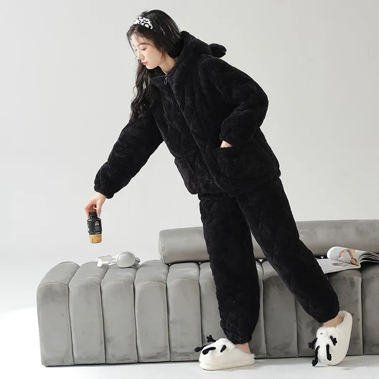 睡衣女冬季新款三层加厚珊瑚绒夹棉连帽拉链黑色可外穿家居服套装