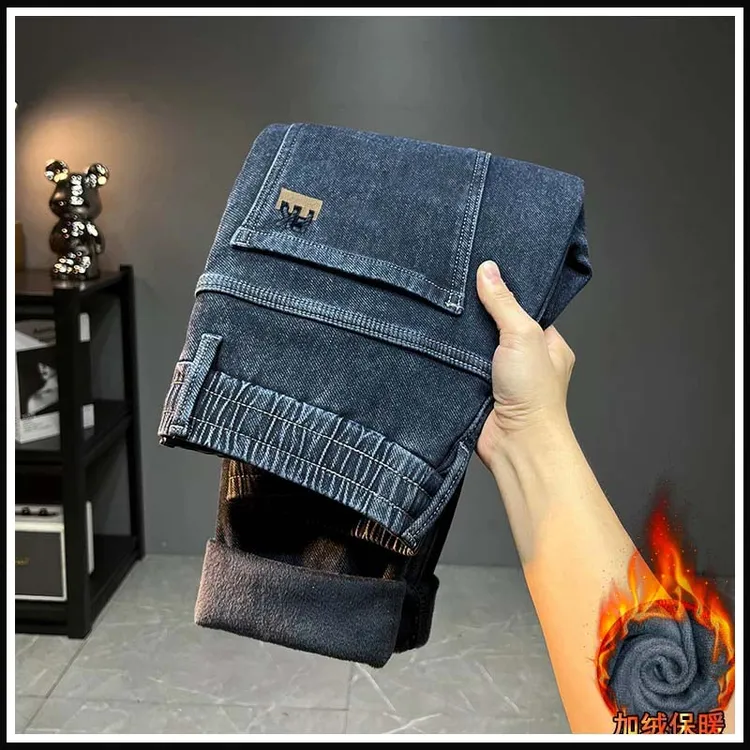 秋冬款牛仔裤子男士加绒加厚松紧腰宽松休闲长裤潮流直筒弹力男裤