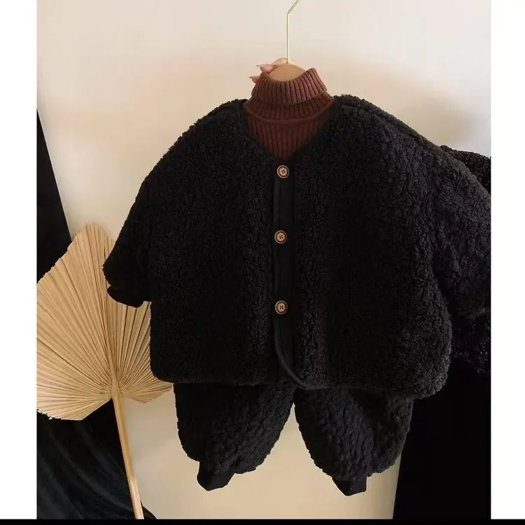 男女童时髦洋气三层加绒夹棉裤两件套炸街加绒外套女保暖宝宝套装