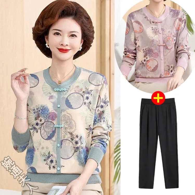 中老年毛衣新中式妈妈装2025春秋款弹力针织衫长袖T恤打底衫上衣