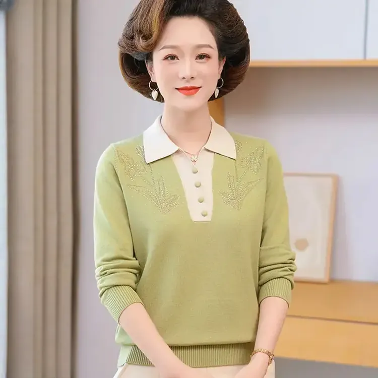 2025新款洋气妈妈装中年春秋长袖针织衫50岁中老年翻领宽松毛衣