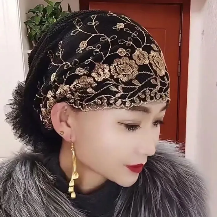 春夏新款帽子女款刺绣富贵玫瑰包头帽防尘透气遮白发四季款头巾帽