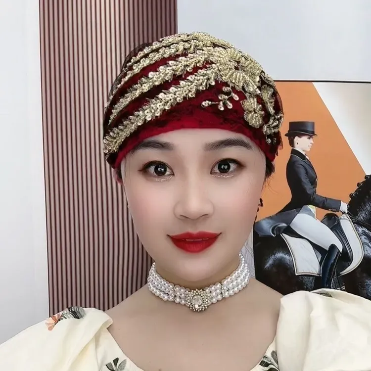 女士凤尾花发带帽子时尚百搭打底帽四季薄款蕾丝包头帽洋气妈妈帽