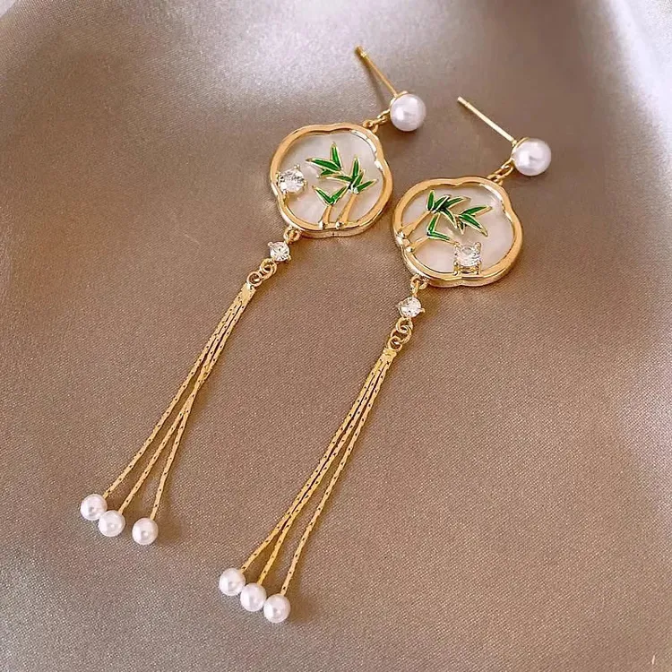 新中式翠竹流苏仿珍珠耳钉轻奢高级感耳环2025新款爆款高级感耳饰