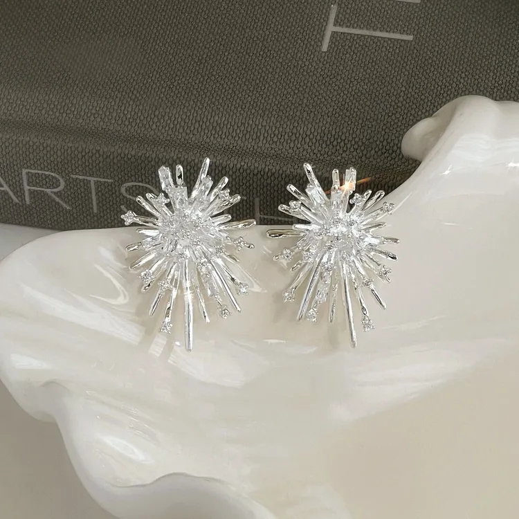 银色夸张烟花耳环2025新款爆款高级感轻奢耳钉女小众设计百搭耳饰