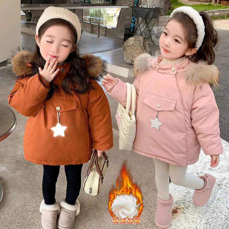 女童反光星星羽绒服白鸭绒女宝宝韩版外套保暖帽女孩儿童羽绒冬款
