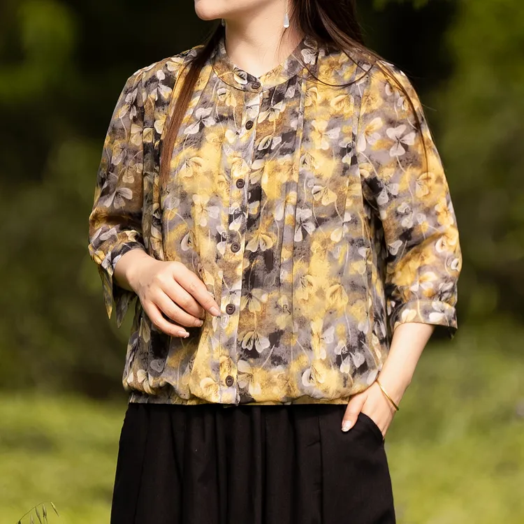 【青缡绾】春夏简约优雅文艺复古百搭时尚气质七分袖单排扣上衣女
