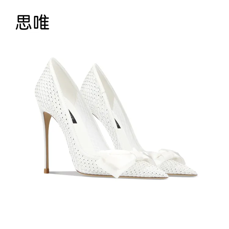 思唯白色水钻网状蝴蝶结高跟鞋女2024年新款尖头浅口礼服宴会单鞋