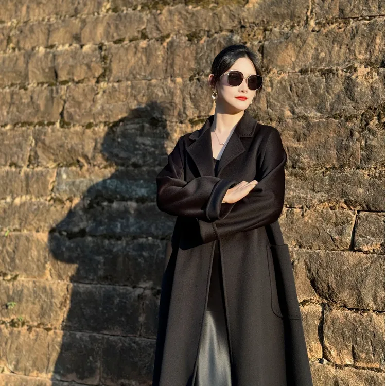 德莱妮思Labbor浴袍款高级黑30%山羊绒双面羊绒大衣系带轻奢