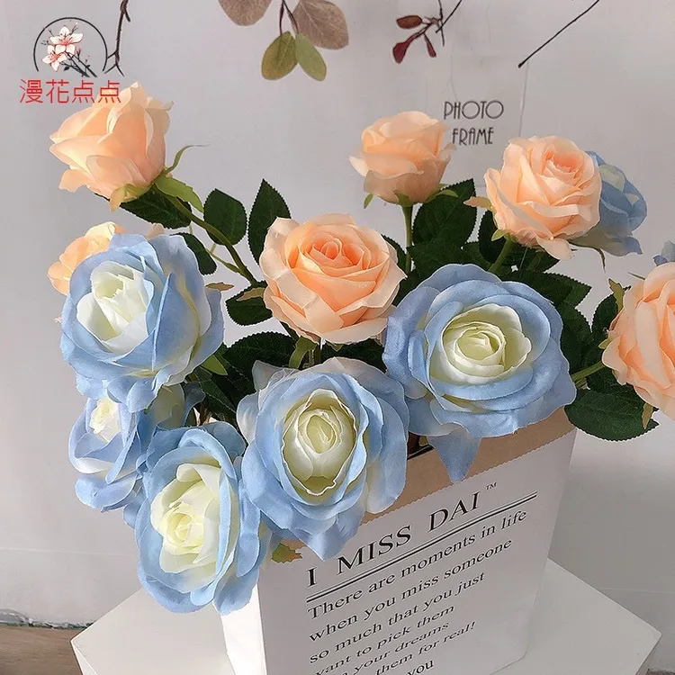 仿真玫瑰花单支碎冰蓝玫瑰情人节礼物家居装饰婚庆婚礼花拍摄道具