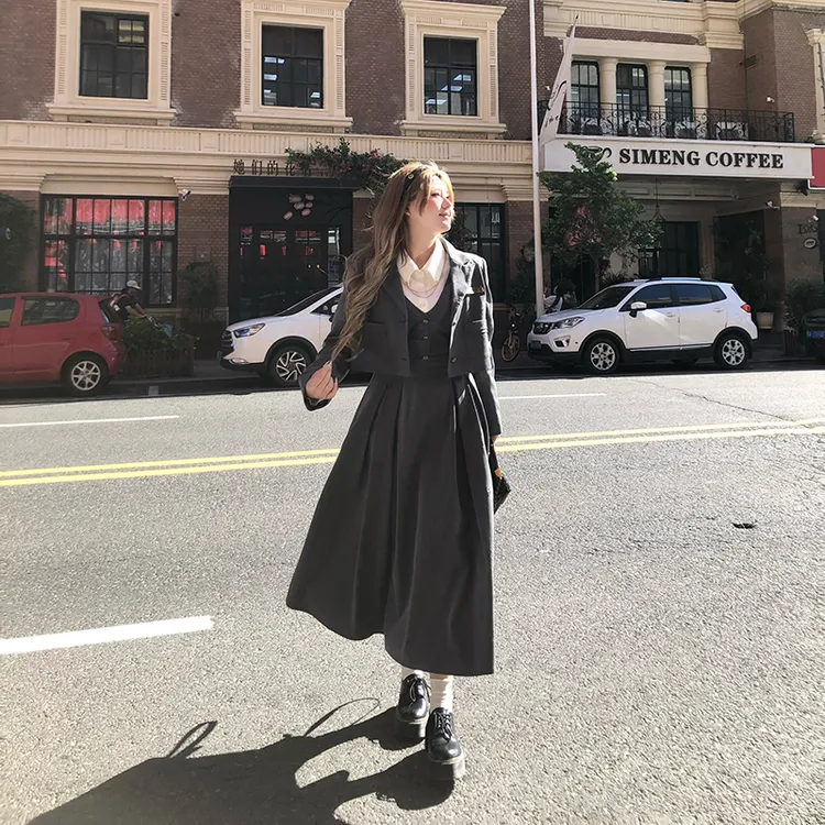 安妮不火【藤津公学】复古气质收腰显瘦学院风西装两件套A243Q0448