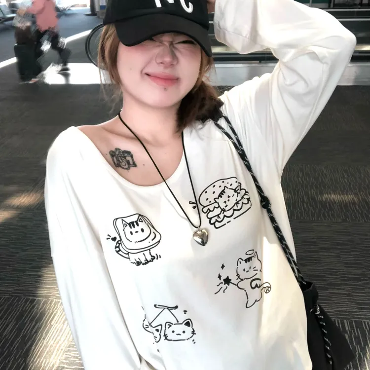 安妮不火【糖心小猫】慵懒宽松可爱减龄趣味印花小众款T恤A243H0097