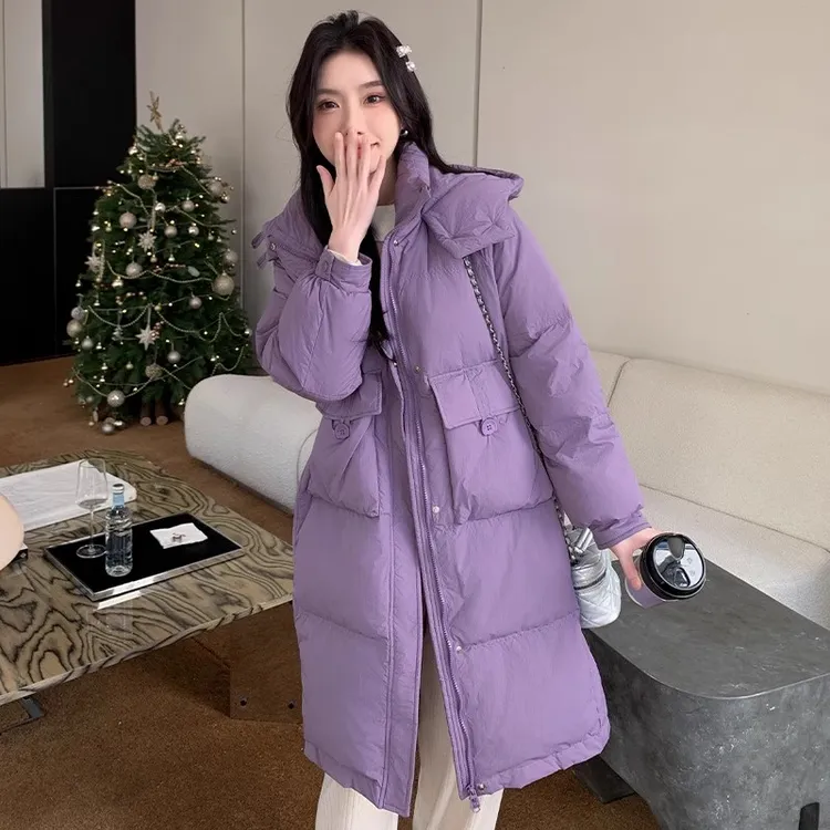 羽绒服女中长款2024冬新韩版时尚宽松连帽收腰显瘦反季羽绒服女款