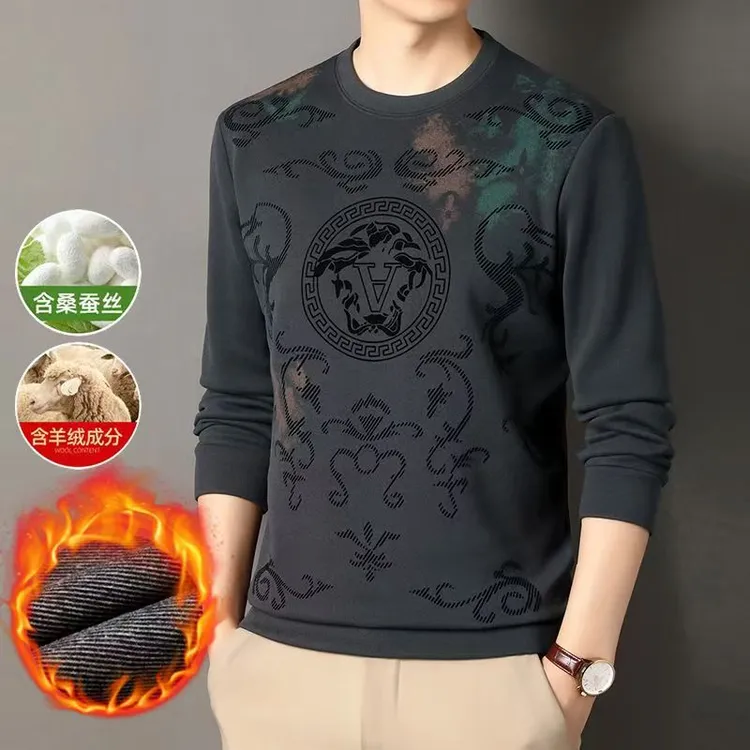 【大奔哥】秋冬季男士加绒加厚羊绒+桑蚕丝圆领长袖卫衣潮流男装
