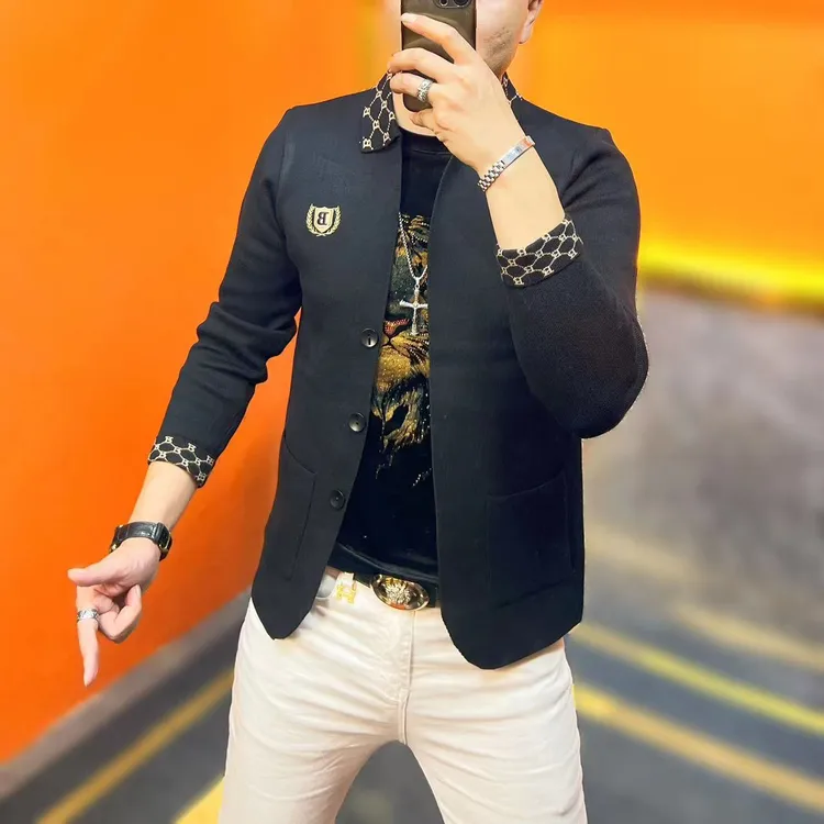 秋冬新款男士休闲外套时尚百搭针织修身经典提花刺绣网红潮流帅气