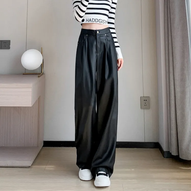 美拉德【铆钉设计感】新款窄版直筒休闲裤2025年爆款高腰显瘦pu皮裤