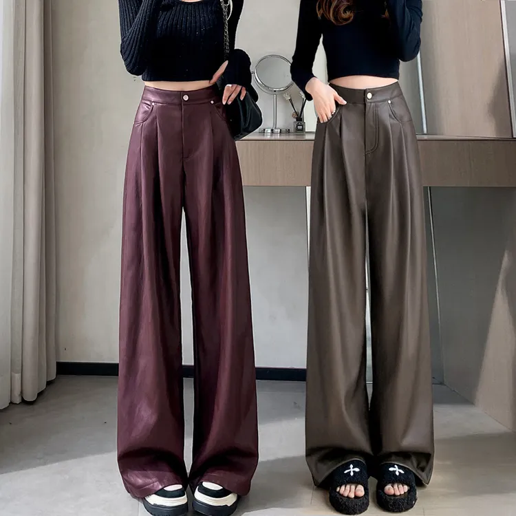 安可拉红秋冬季窄版直筒阔腿休闲裤2025年新款爆款高腰加绒pu皮裤