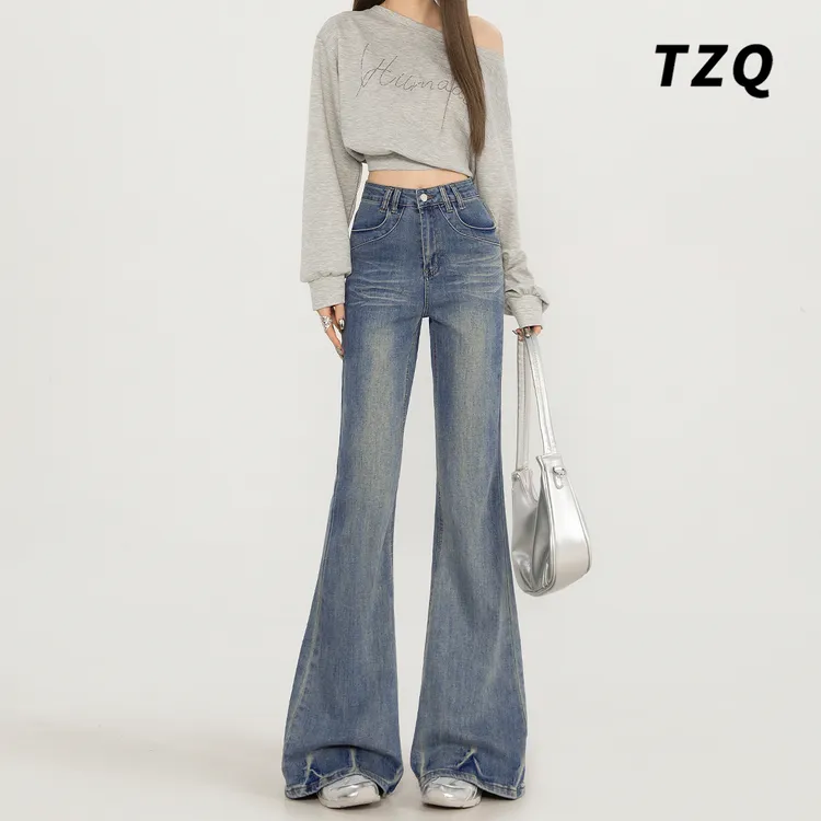 高腰显瘦褶皱垂感微喇裤女通勤修身百搭设计感喇叭牛仔裤TZQ82534