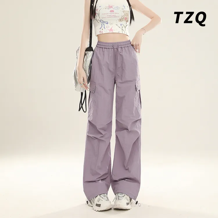 阔腿工装裤女高腰显瘦2025秋季潮流直筒裤时尚百搭宽松抽绳休闲裤