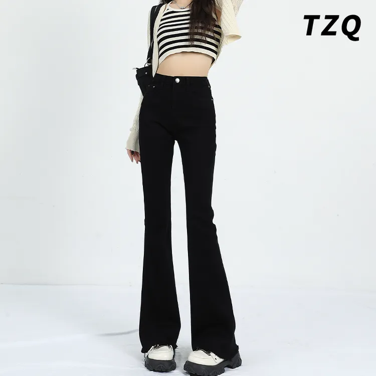 毛边微喇牛仔裤女爆款2025秋季新款紧身黑色高腰显瘦小个子喇叭裤