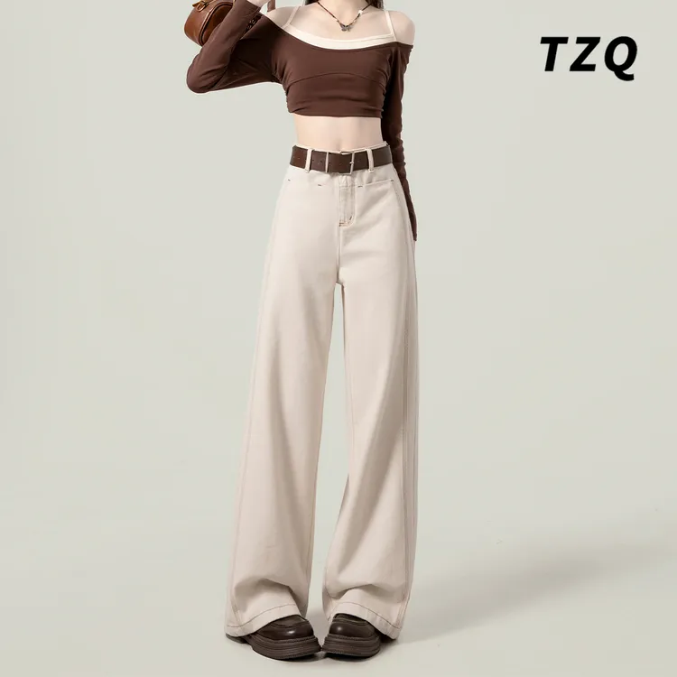 初秋设计感高腰三本针阔腿拖地裤女宽松显瘦遮胯牛仔裤子TZQ80968