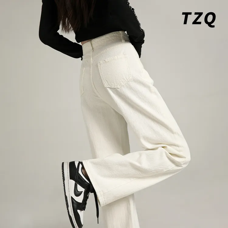 米白色窄版直筒牛仔裤女季新款高腰显瘦小个子阔腿裤TZQ100559