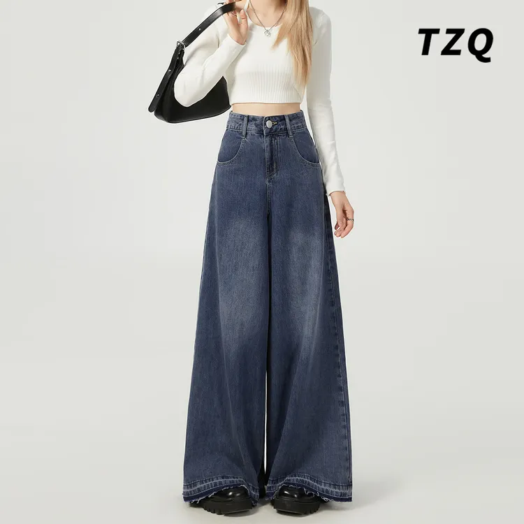 美式复古高腰阔腿牛仔裤女2025新款设计感大裤脚拖地长裤TZQ72434