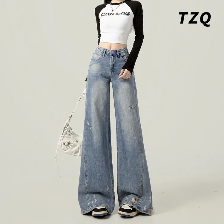 美式设计感破洞百搭阔腿裤女款爆款2025新款秋季高腰显瘦牛仔裤子