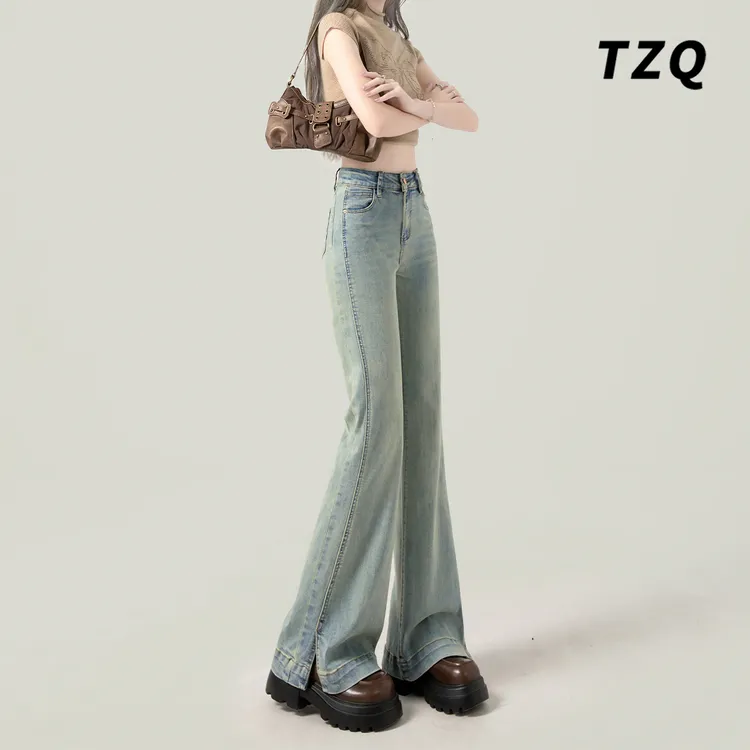 复古浅蓝色开叉设计微喇牛仔裤女辣妹修身显瘦弹力喇叭裤TZQ82547