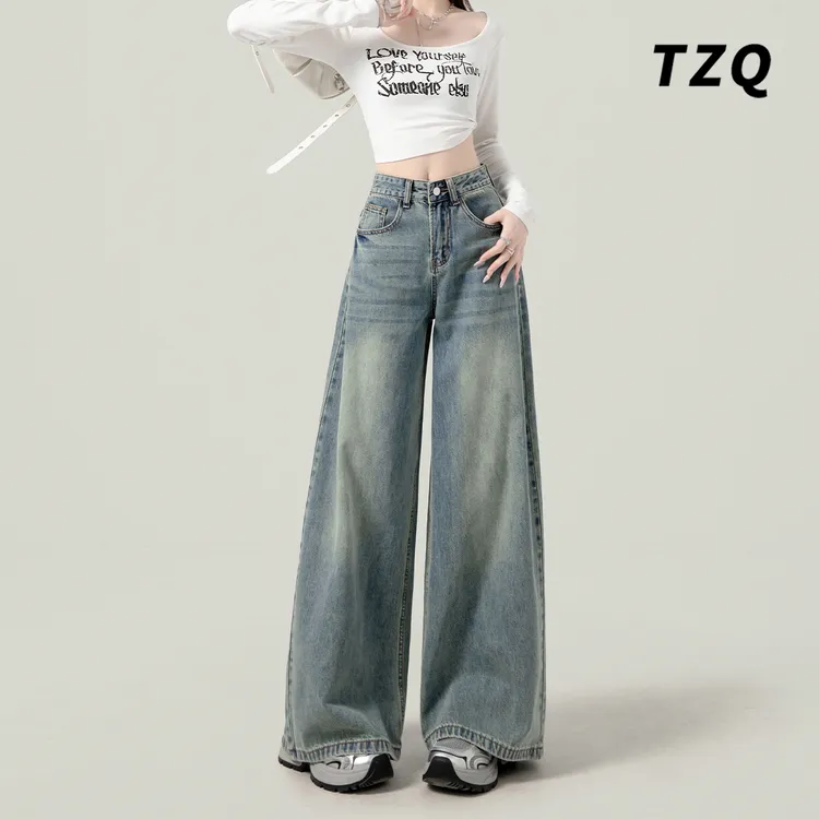 复古高腰浅蓝色阔腿裤女爆款2025新款秋季宽松显瘦直筒水洗牛仔裤