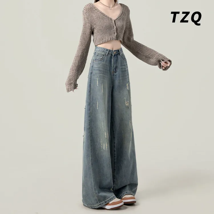 美式复古直筒牛仔裤女秋季新款破洞宽松显瘦拖地阔腿裤子TZQ90749