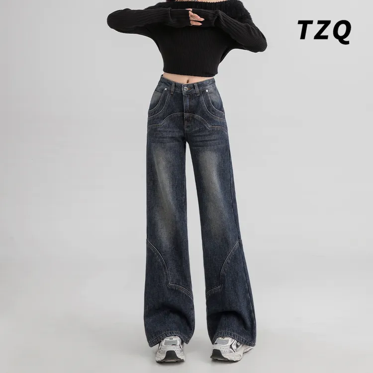 美式街头阔腿微喇牛仔裤女款爆2025新款秋季高腰百搭显瘦拖地裤子