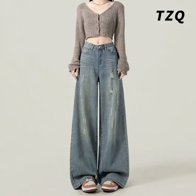 美式高腰直筒牛仔裤女秋季新款设计感宽松显瘦拖地阔腿裤TZQ90749