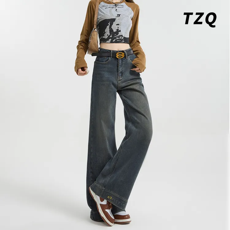 高街高腰弹力显瘦牛仔裤女2025春秋加绒阔腿百搭拖地裤TZQ112340