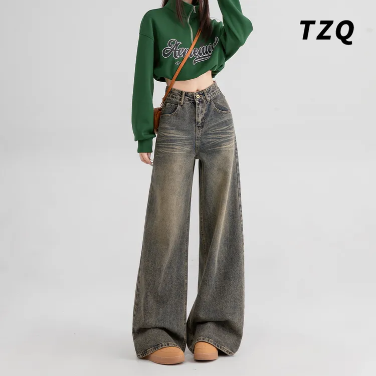 美式复古阔腿牛仔裤女爆款2025新款高腰宽松显瘦秋季拖地直筒裤子