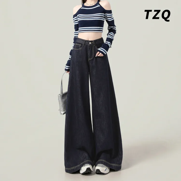 复古深蓝色垂感牛仔裤女2025年新款高腰宽松不贴腿阔腿裤TZQ82802