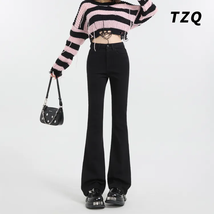 黑色高腰微喇牛仔裤女款爆款2025秋季小个子显瘦修身马蹄喇叭裤子