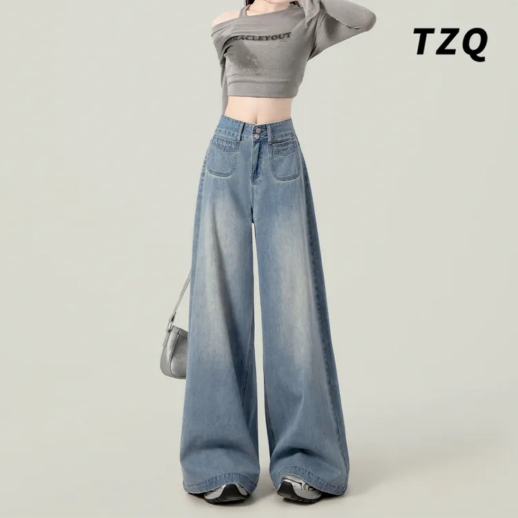 浅蓝色阔腿牛仔裤女爆款2025秋季新款高腰显瘦宽松拖地裤TZQ71824