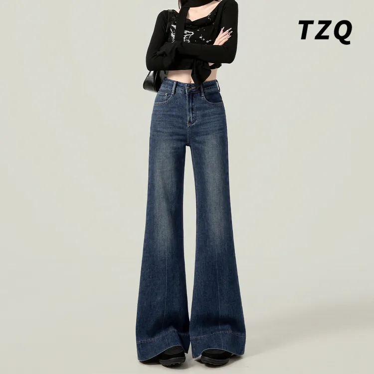 复古蓝垂感喇叭牛仔裤女2025秋季新款高腰拼接百搭微喇裤TZQ82811