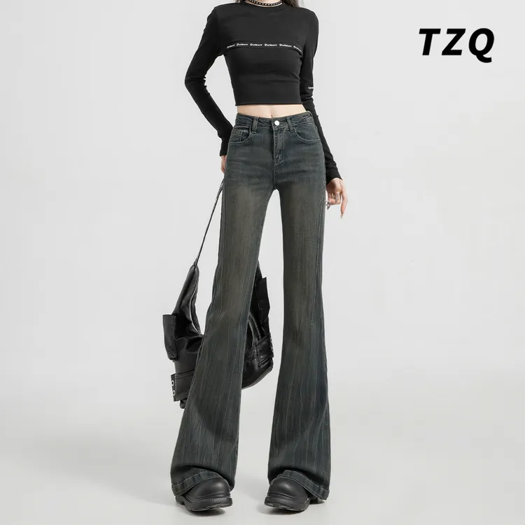 水泥灰微喇牛仔裤女2025秋季高腰显瘦修身百搭马蹄喇叭裤TZQ92146
