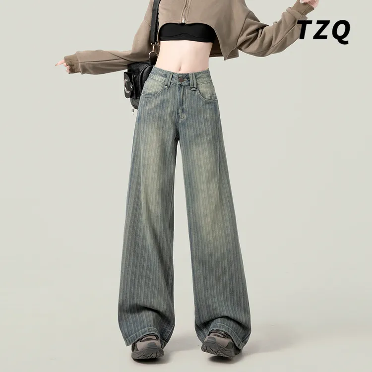 复古条纹阔腿牛仔裤女爆款2025秋季新款高腰显瘦宽松小个子直筒裤