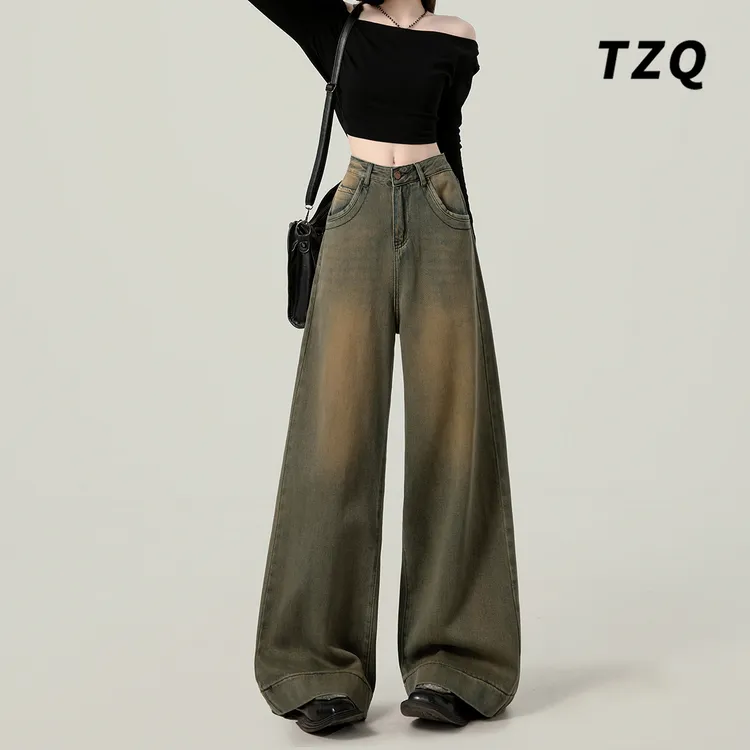 慵懒风宽松垂感牛仔裤女款爆款2025新款秋季高腰遮胯泥黄色阔腿裤