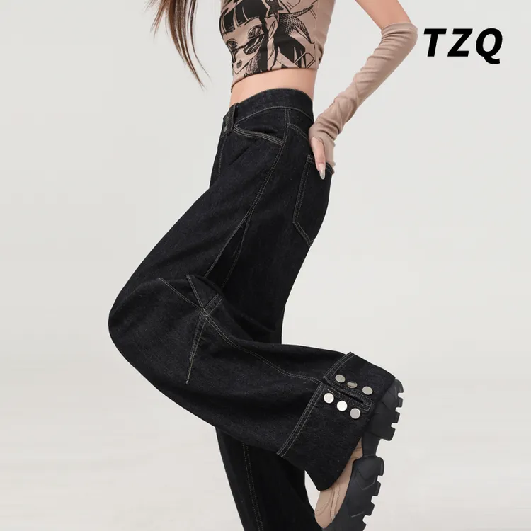 美式黑色牛仔裤女款爆款2025秋季新款宽松高腰重工翻边设计阔腿子
