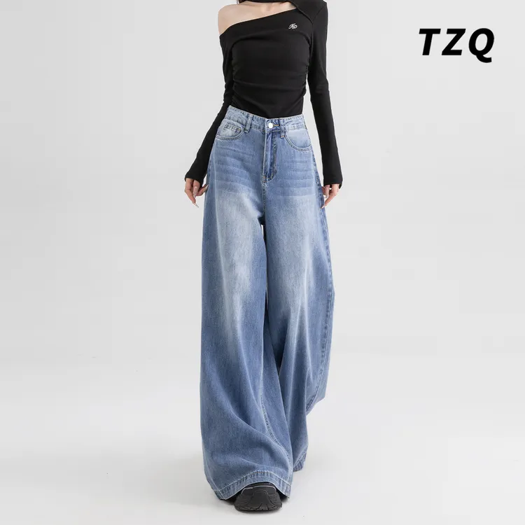 浅色牛仔裤女款爆款2025新款秋季厚款高腰宽松显瘦垂坠感阔腿裤子